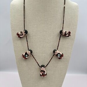 Vintage 90s Storyteller Necklace‎ Clay Mother Child Figures Heishei Beads Boho